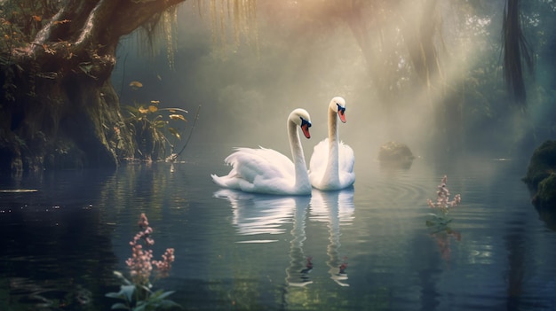 White Swans Couple Swimming in lake