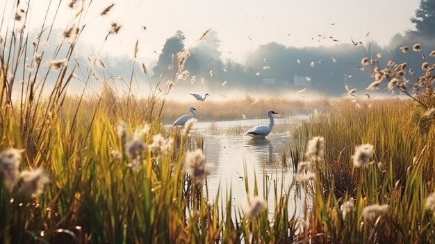 White swans flying over water picture created with watercolors