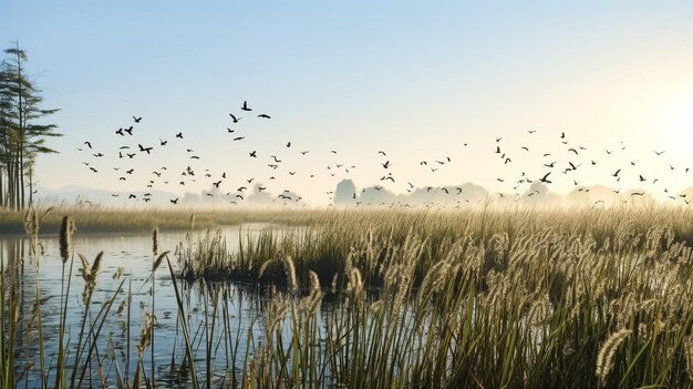 Белые лебеди, летящие над водой Картина, созданная акварелью