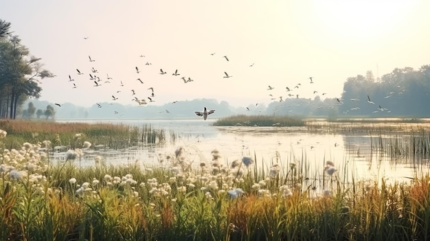 Белые лебеди, летящие над водой Картина, созданная акварелью