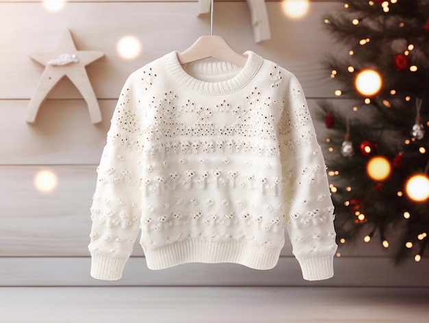 White sweater for kids on Christmas background outerwear mockup