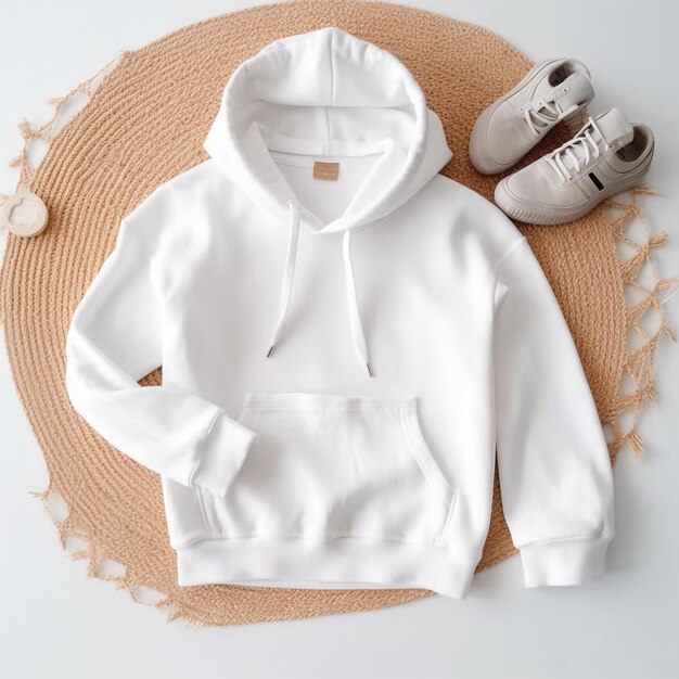 a white sweater with a white shirt and shoes on a mat