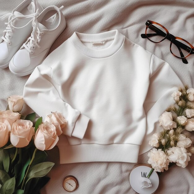 a white sweater with a white shirt and white shoes next to a bouquet of flowers.