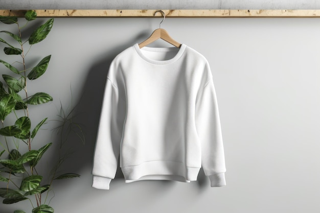 A white sweatshirt hanging on a hanger with a plant on the right.