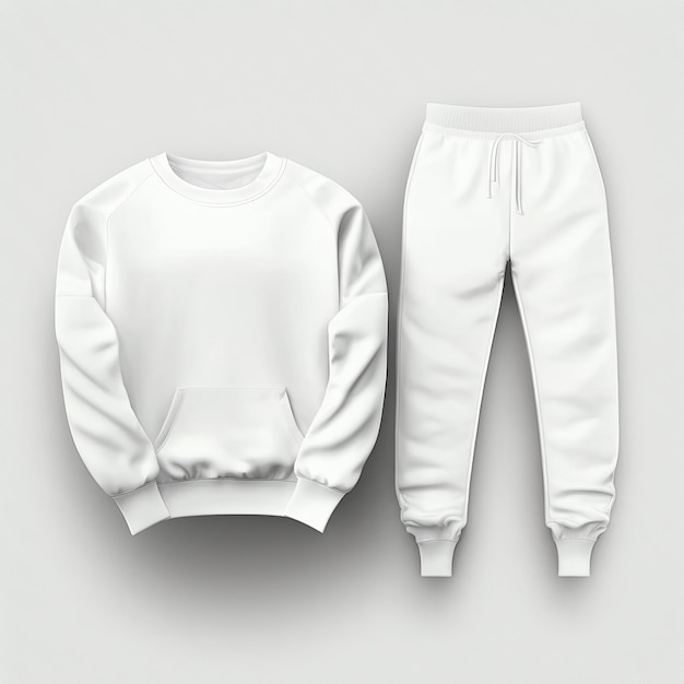 A white sweatshirt and sweatpants are on a gray background.