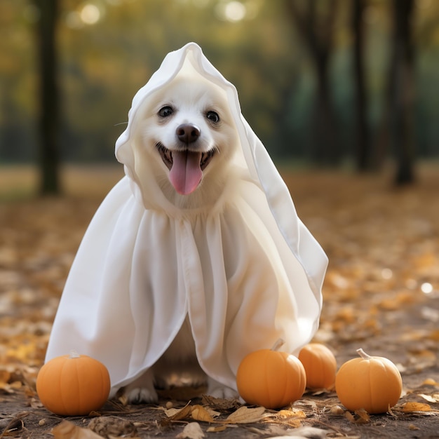 White swiss shepherd dog dressed in halloween costume with pumpkins