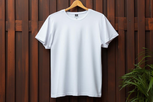 Photo white t shirt hanged on hanger with wood texture backdrop generative by ai