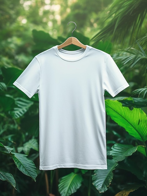 белая футболка висит на вешалке на зеленом фоне.