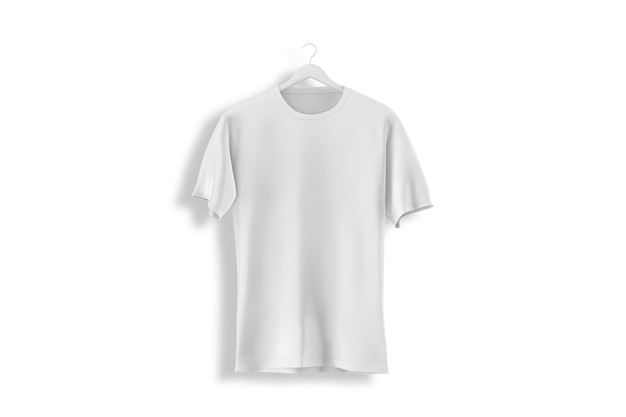 A white t - shirt hanging on a hanger with the word t - shirt on it.