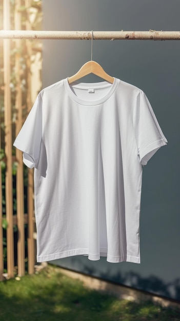 a white t shirt hanging on a rack