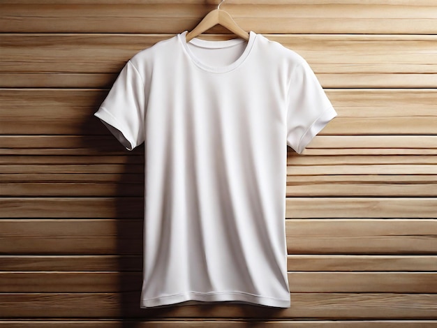 a white t shirt hanging on a wooden wall generated ai