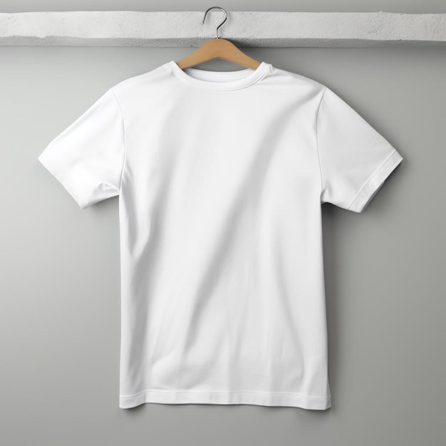 Белая футболка висит на вешалке с деревянной доской.