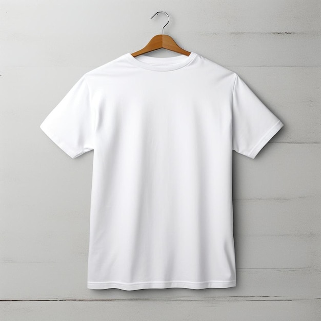 A white t - shirt hangs on a hanger with a wooden hanger.