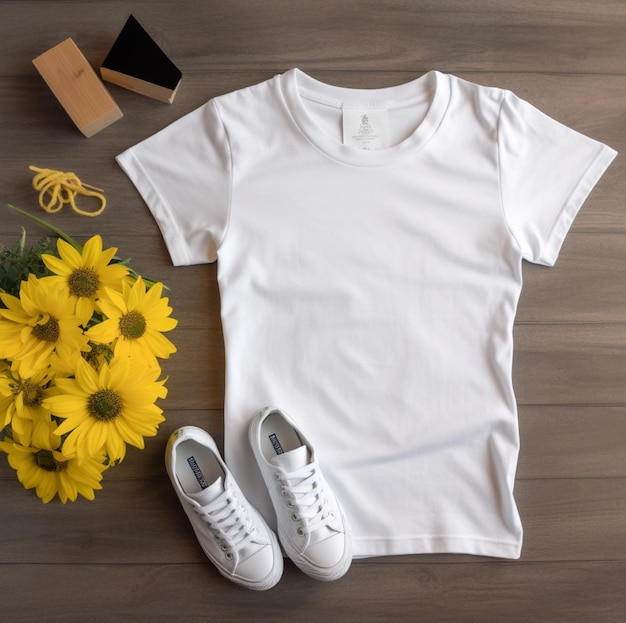 Белая футболка рядом с букетом цветов и коробкой подсолнухов.