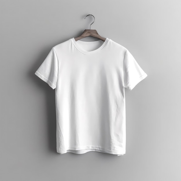 A white t - shirt is hanging on a hanger in front of a gray wall.