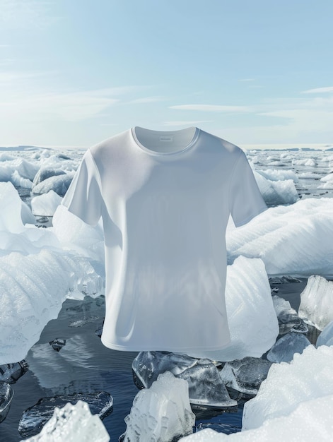 a white t shirt is hanging on a piece of ice