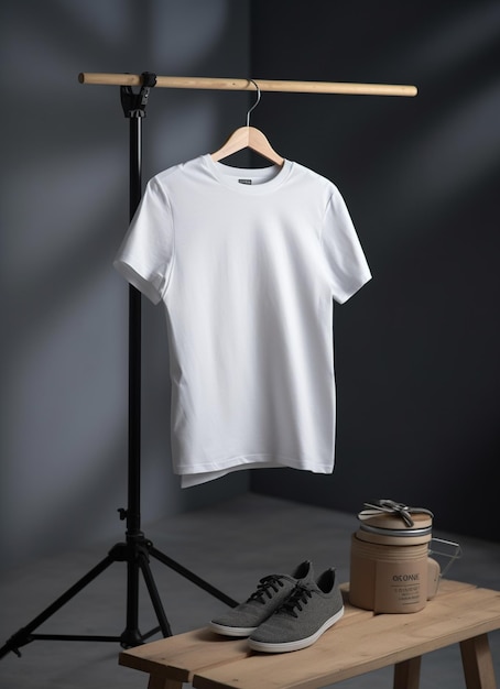 Premium Photo | A white t - shirt is hanging on a stand next to a pair ...