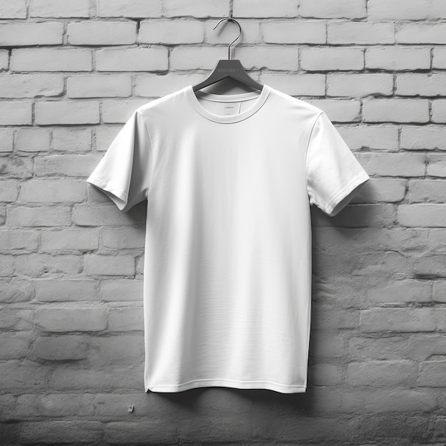 A white t - shirt is hanging on a wall with a brick wall behind it.