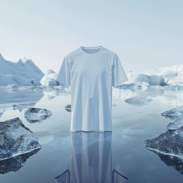 a white t shirt is standing in front of a body of water