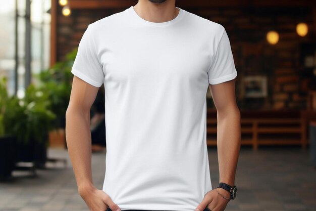 a white t - shirt with a black band on the front.