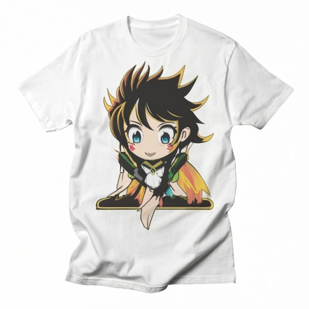 その上に漫画のキャラクターが描かれた白いTシャツ