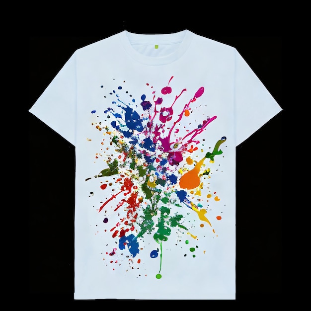 A white t - shirt with a colorful splashes on it.