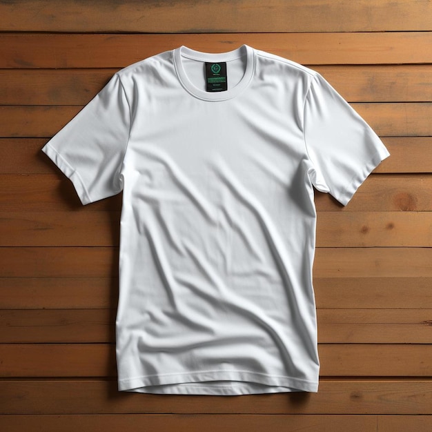 A white t - shirt with a green label on the front.