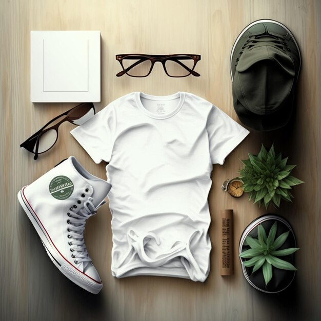 Photo a white t - shirt with a green logo on it and a pair of glasses and a plant on the floor.