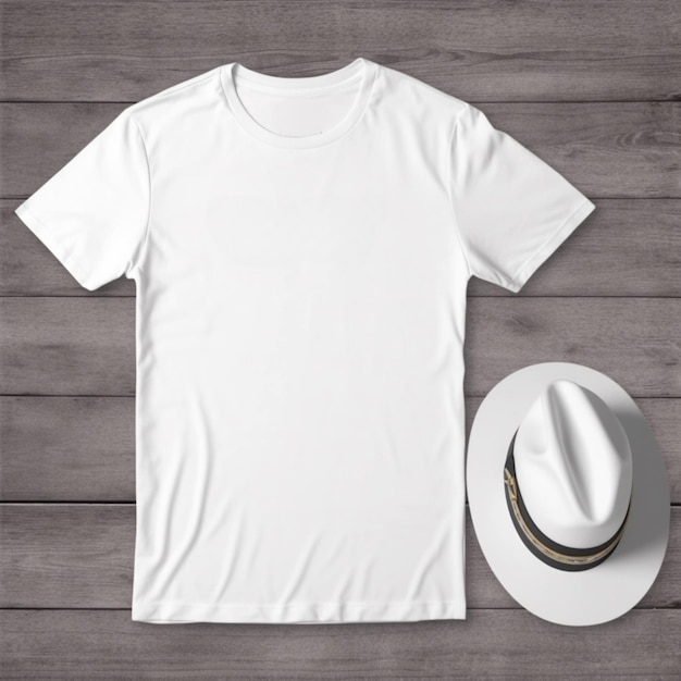 横に帽子が付いた白いTシャツ