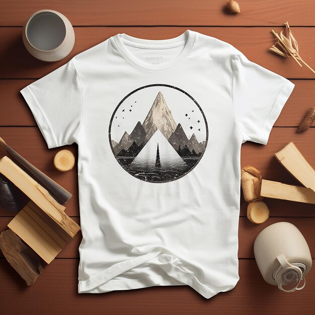 a white t - shirt with a mountain on the front and the logo of a mountain on the front.