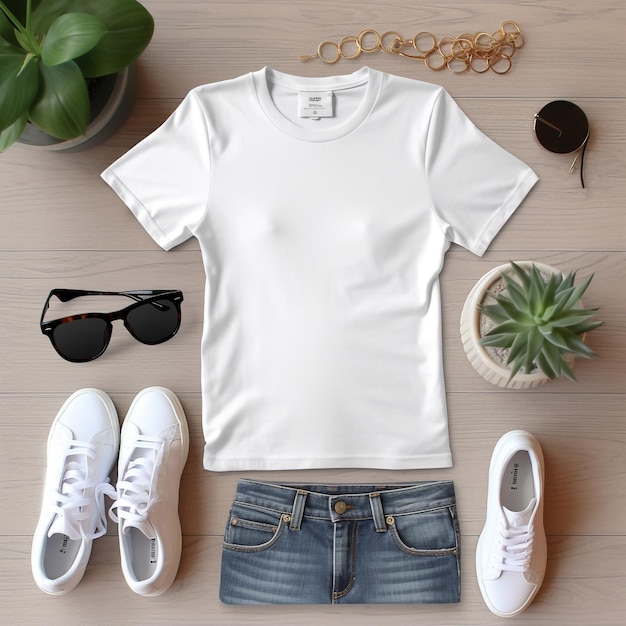 A white t - shirt with a pair of denim shorts and a pair of sunglasses.