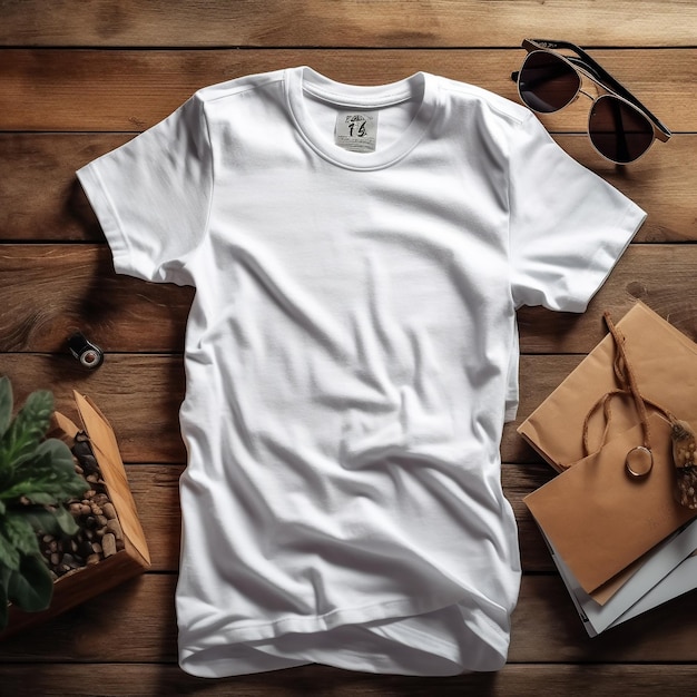 A white t - shirt with a pair of sunglasses sits on a wooden table next to a plant.