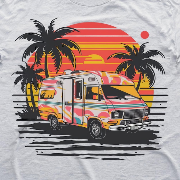 Photo a white t shirt with palm trees and a sunset on it