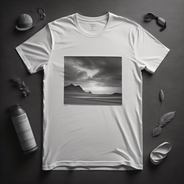 a white t - shirt with a picture of a mountain on it.