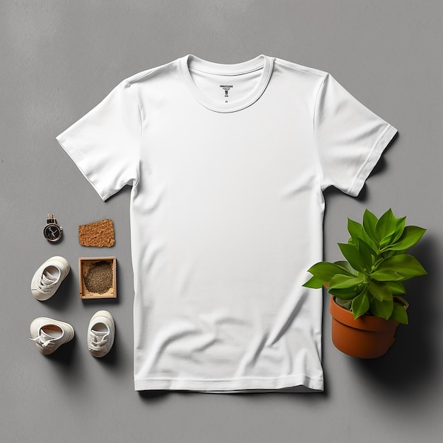 식물과 식물이 있는 흰색 티셔츠.