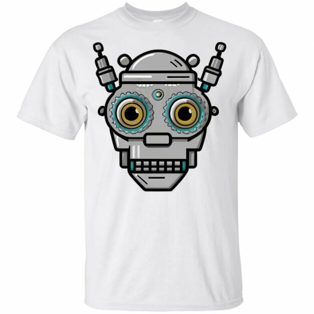 a white t shirt with a robot on it