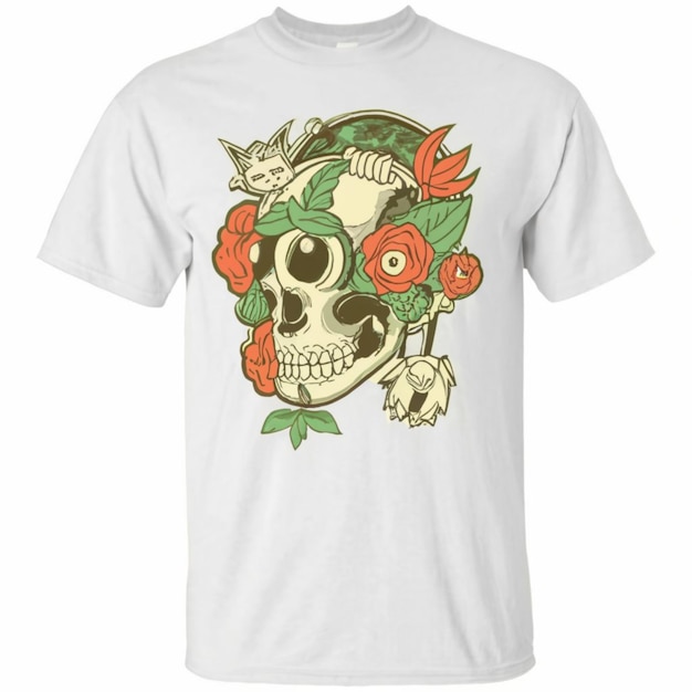 a white t shirt with a skull and flowers on it