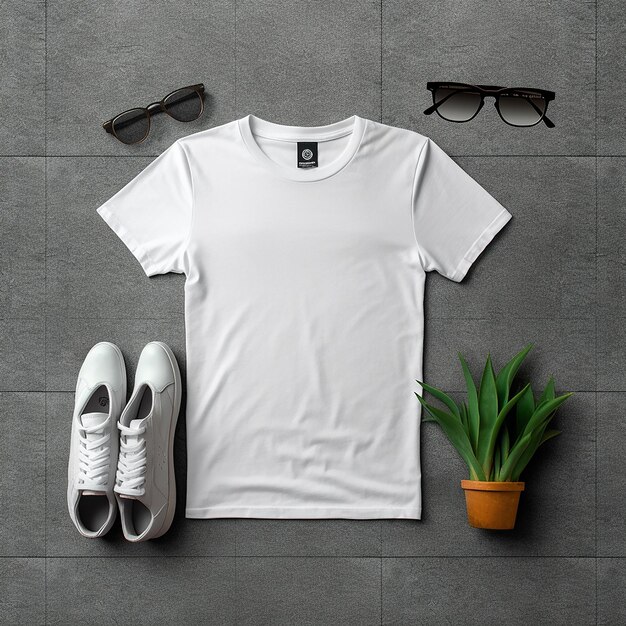 a white t - shirt with sunglasses and a t - shirt on the wall.