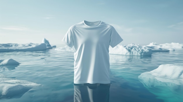 a white t shirt with a t shirt hanging over the water