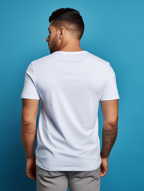 white t shirt with a tattoo of a man's back blue background