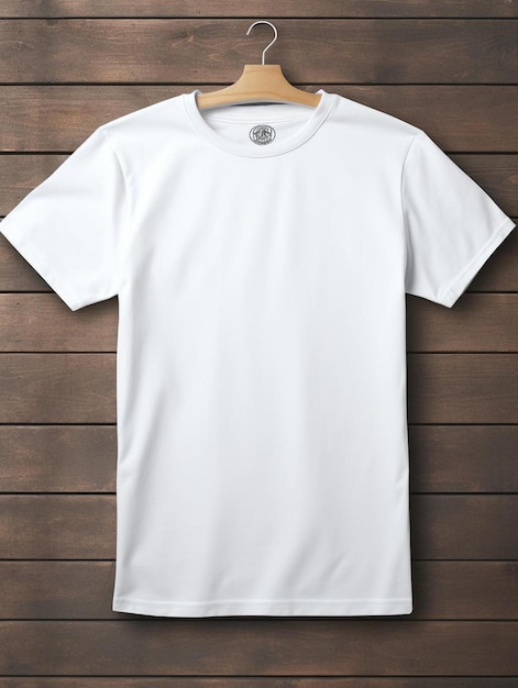 a white t - shirt with a white t - shirt hanging on a wooden wall.