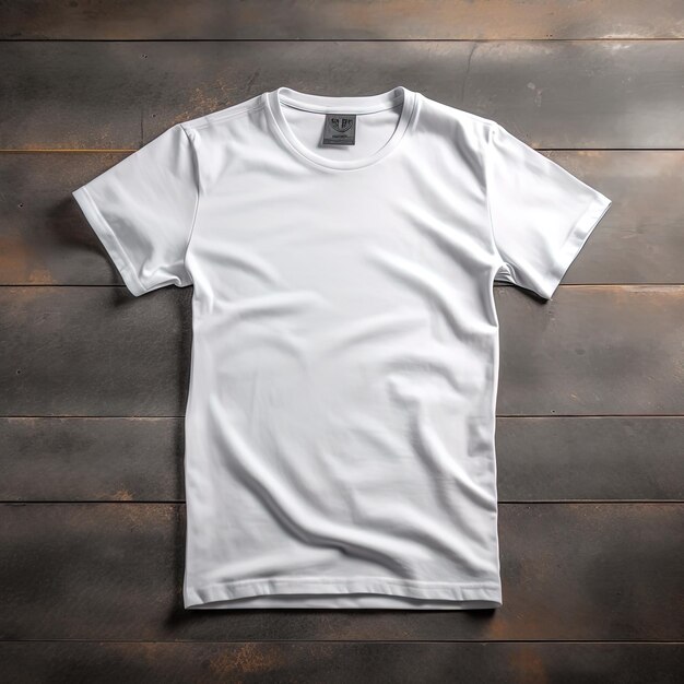 a white t - shirt with a white t - shirt on a wooden background.