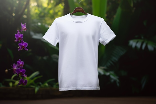 A white t - shirt with the word t - shirt on a hanger with a purple flower in the background.