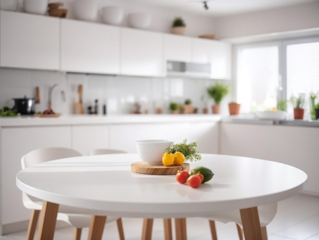 white table against blurred white kitchen interior background