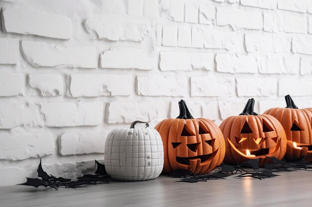 Photo on a white table are a pumpkin and bats with a white brick wall in the backdrop composition of a halloween decoration front view