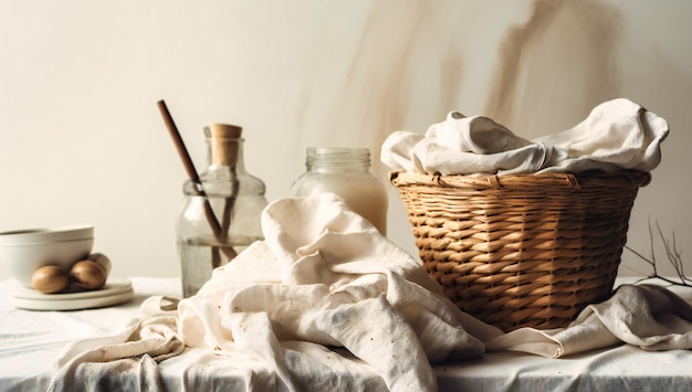 A white table and basket of white items is set against a white background