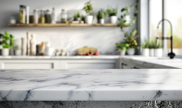 Белая столовая поверхность на размытом фоне кухонной комнаты Модерный белый