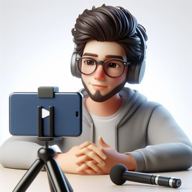 white table vibes young animated character vlogger reviews the latest smartphone with animated