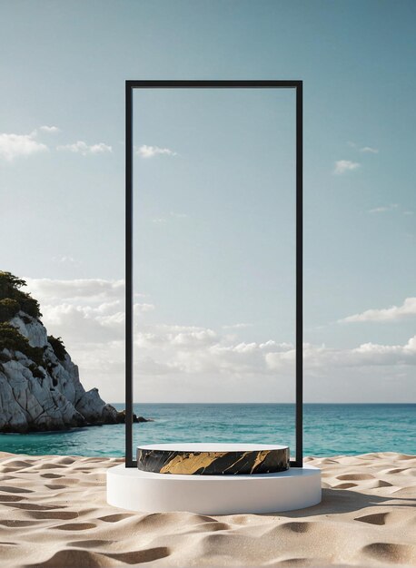 a white table with a black frame on it in the sand