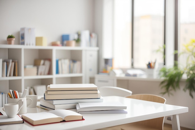 Foto tavolo bianco con libri di cancelleria e spazio di copia in una stanza di studio sfocata